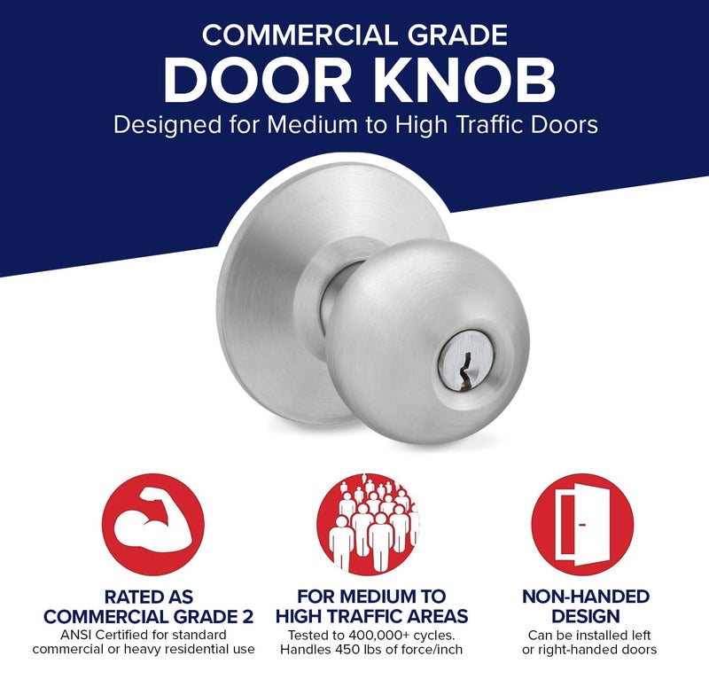 LAWRENCE Door Knob Cylindrical Lock Entrance Function Keyed Entry & Lock Satin Stainless Steel Finish LH5304OB -US32D UL Certified ANSI/BHMA Grade 2 Commercial Door Knob for Heavy Duty Use Embassy Series - Image 1
